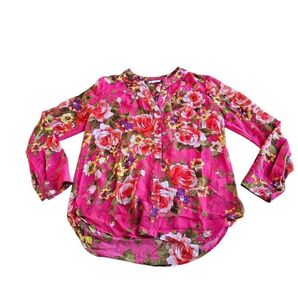 Pleione Sz Small pink multicolor floral sheer button down top